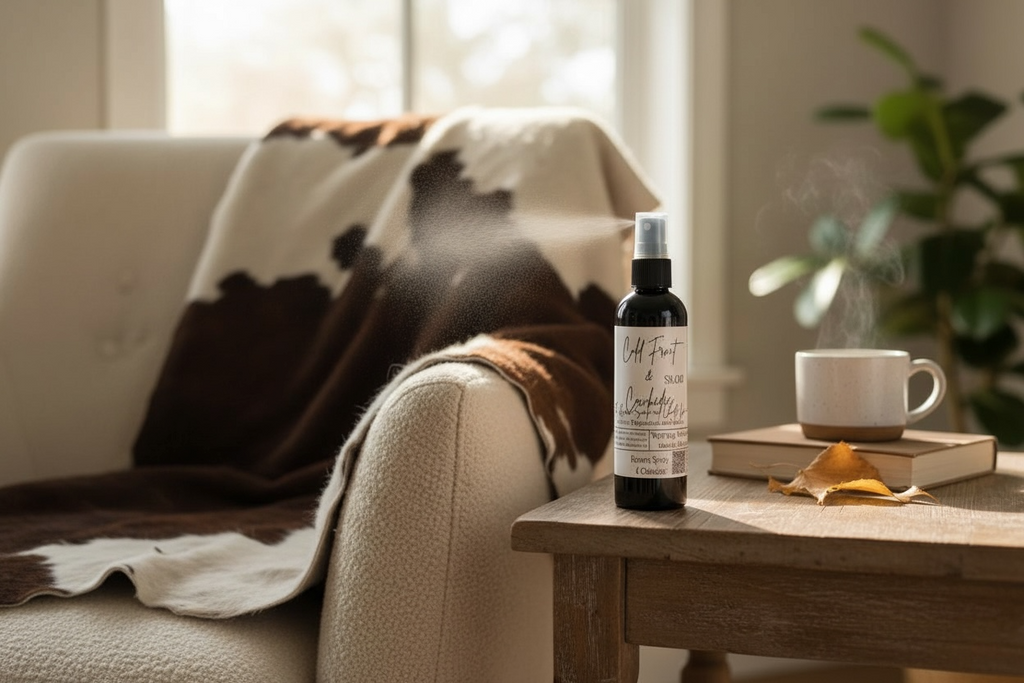 Bottle of 'All Day' coffee on a wooden table with a cowhide rug and plant in the background