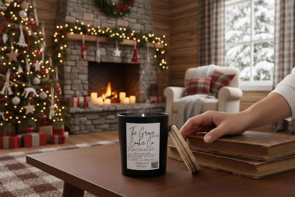 Candle with a label on a table in a cozy living room with Christmas decorations.