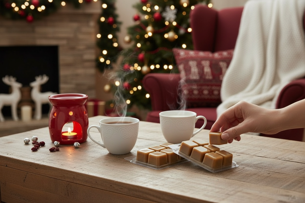 Person enjoying a cup of coffee with Christmas decorations in the background