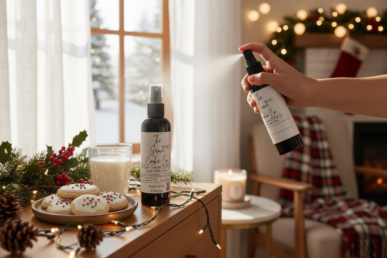 Person using a spray bottle on a Christmas-themed table with cookies and candles.