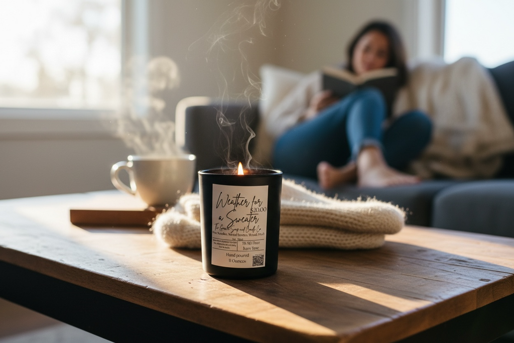 Candle with steam, mug, and person reading on a couch in the background