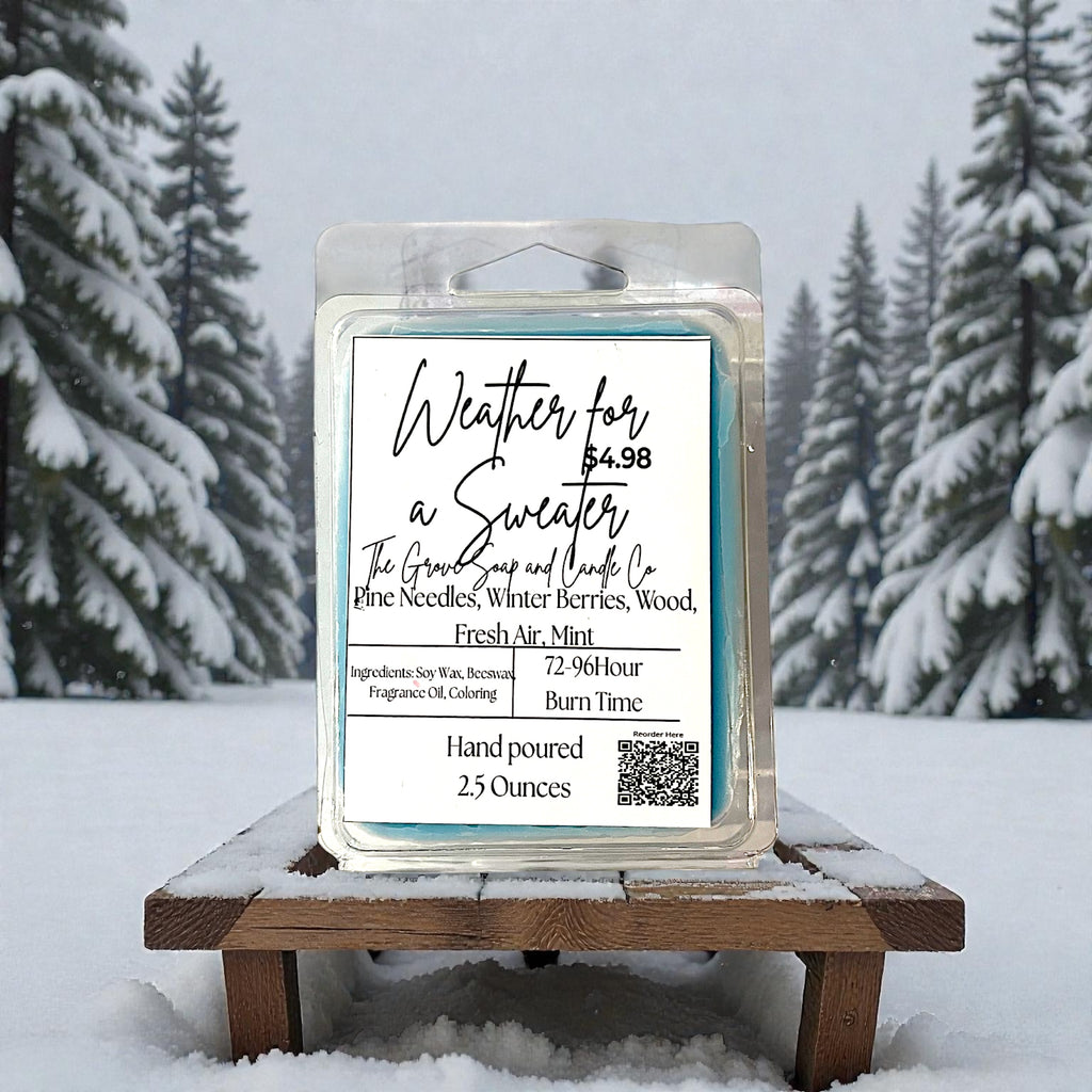 Wax melt Weather for a Sweater packaging with winter scene and product details