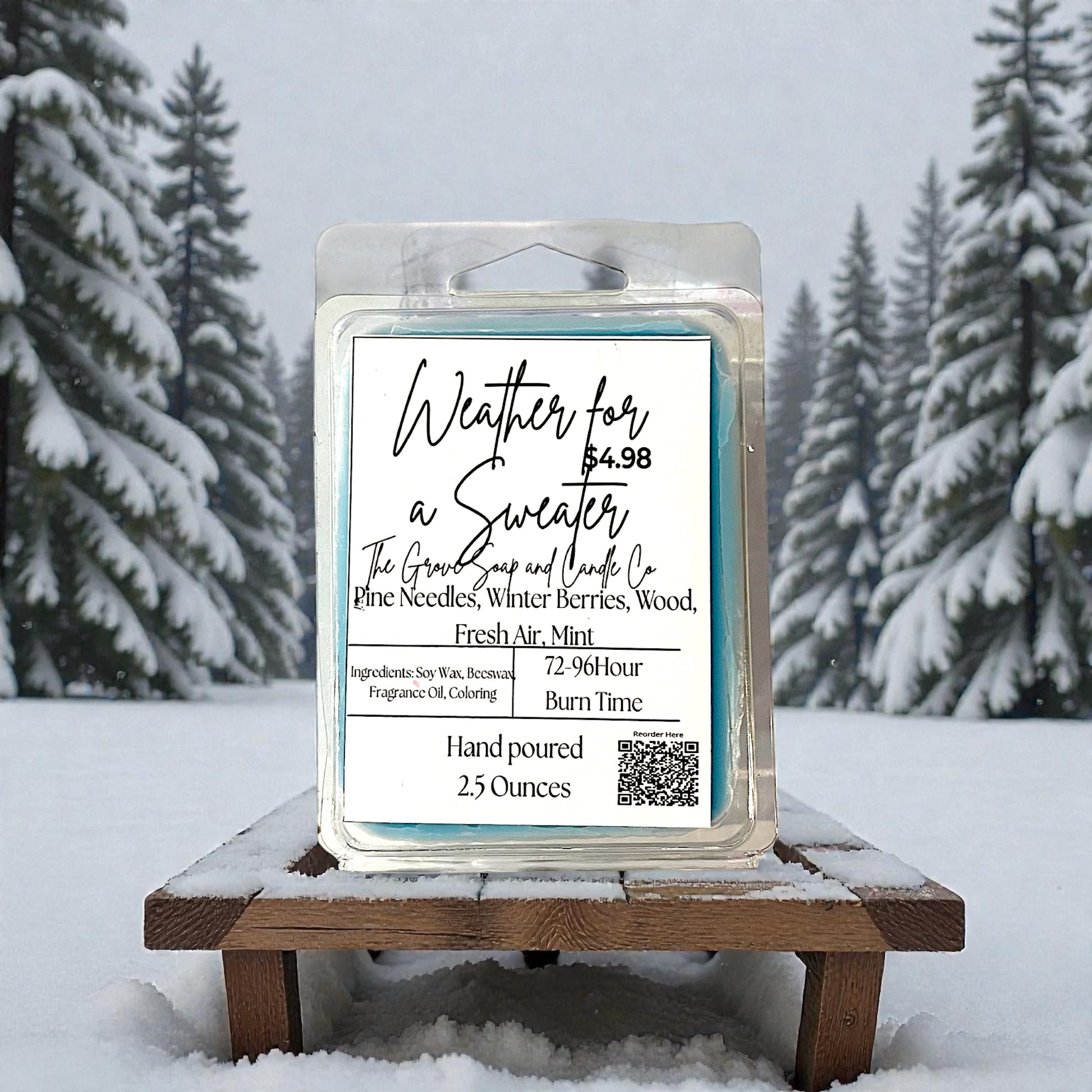Wax melt Weather for a Sweater packaging with winter scene and product details