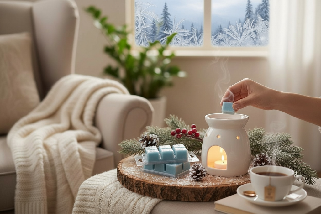 Person placing wax melt cube into a warmer with a cozy living room setting.