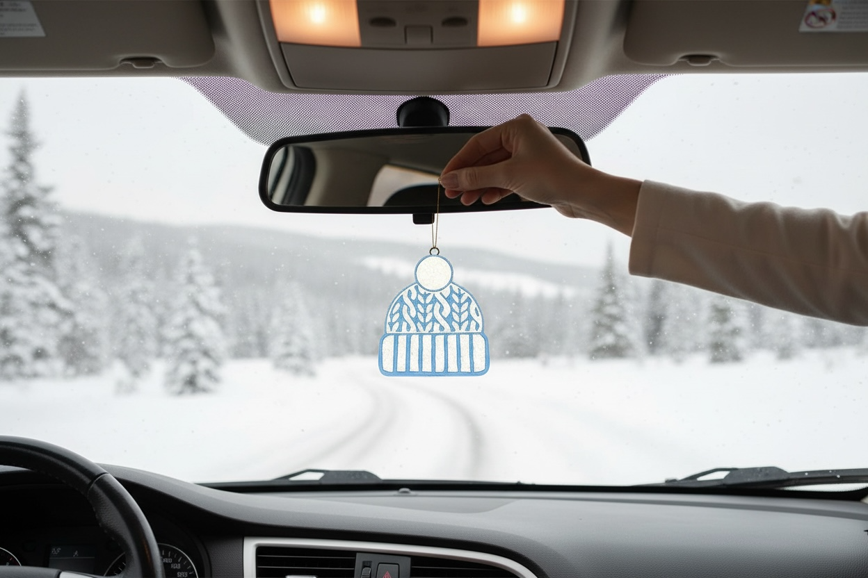 Person hanging a decorative car ornament shaped like a blue knit hat inside a car with a snowy landscape outside.