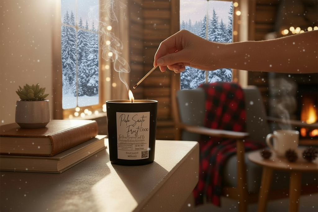 Person lighting a candle in a cozy room with a fireplace and snowy window view.