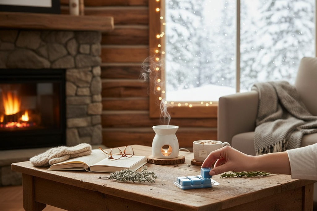 Cozy indoor setting with a fireplace, book, and small blue object on a wooden table.