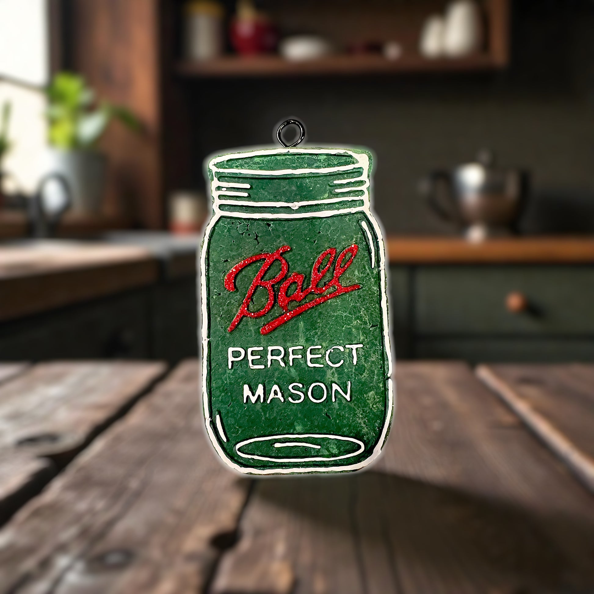 Decorative Car Freshie Mason jar with 'Ball Perfect Mason' text on a wooden surface.